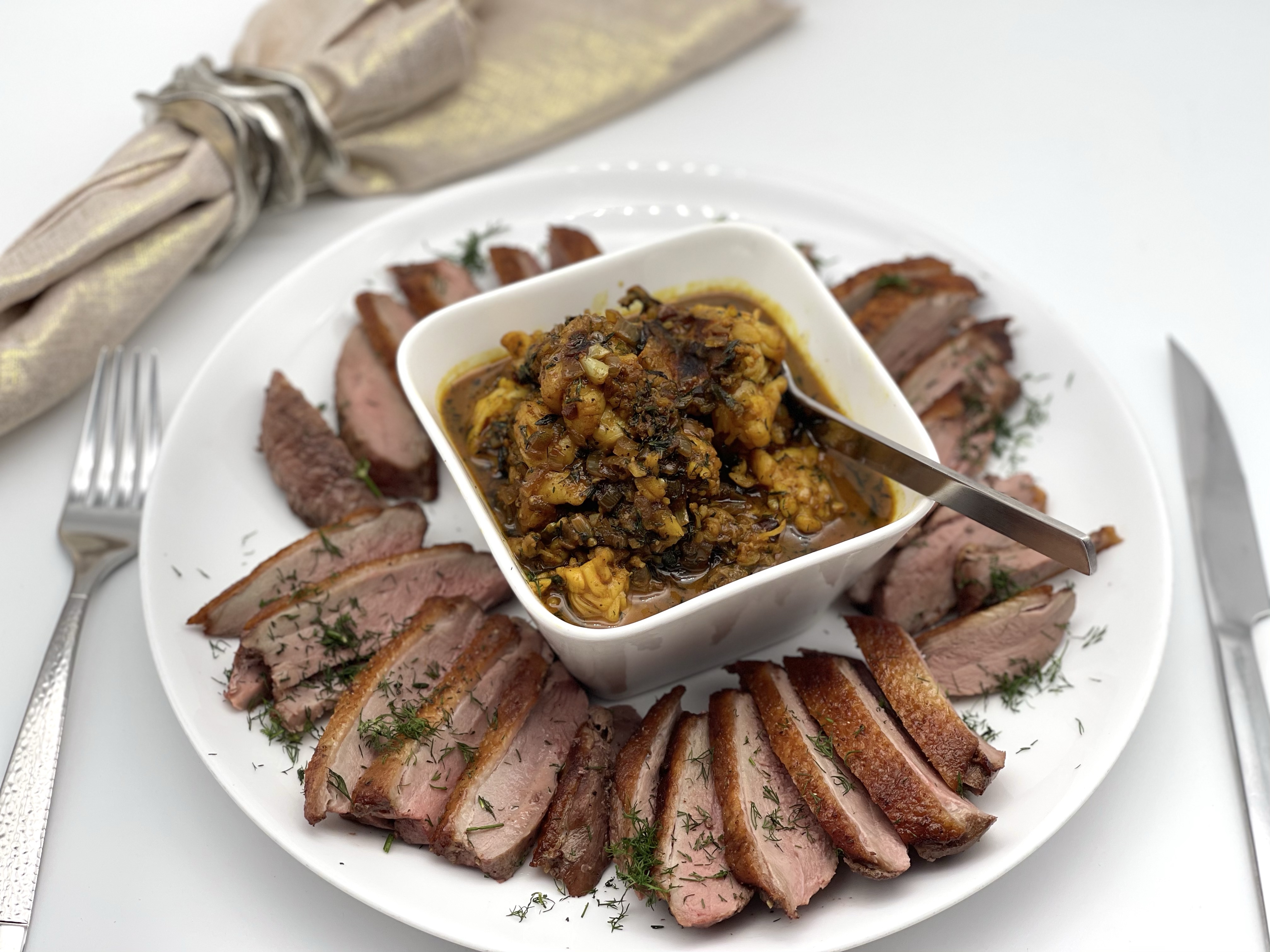 Pan Fried Duck Breast with Chunky Lobster Sauce